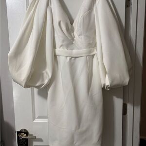 Jovani Cream Puff Sleeve Midi Dress